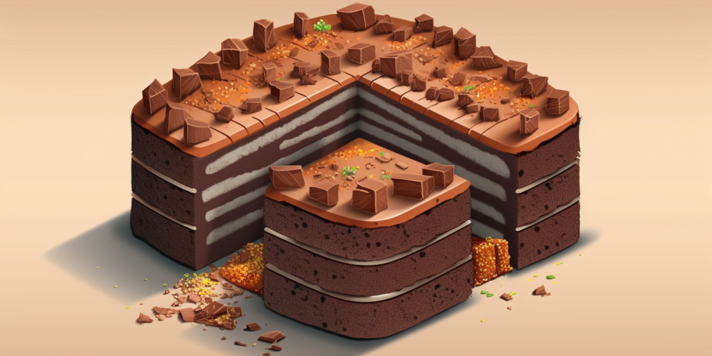 En illustration af en chokoladekage delt i 100 stykker, med 25 stykker markeret som spist.